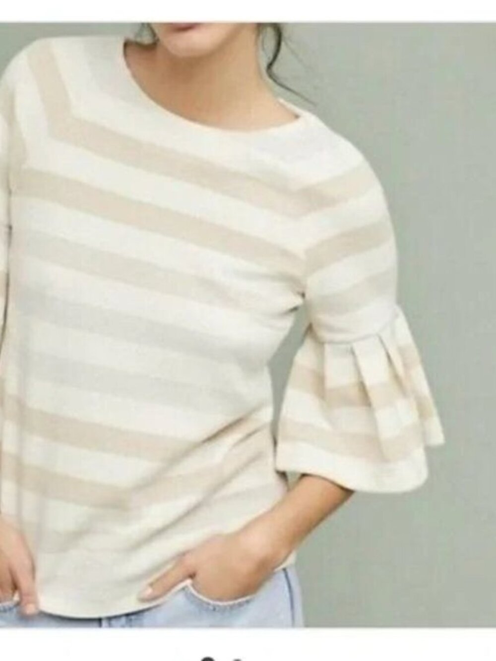 Anthropologie Maeve Beige Metallic Striped Bell Sleeve Top